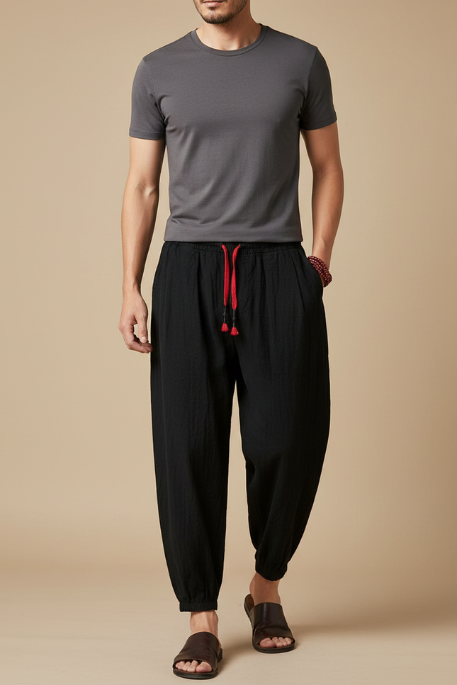 Pantalon Chinois Homme Noir Sarouel - Lin