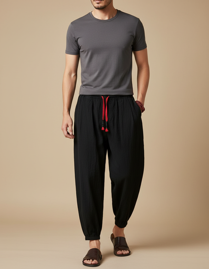Pantalon Chinois Homme Noir Sarouel - Lin