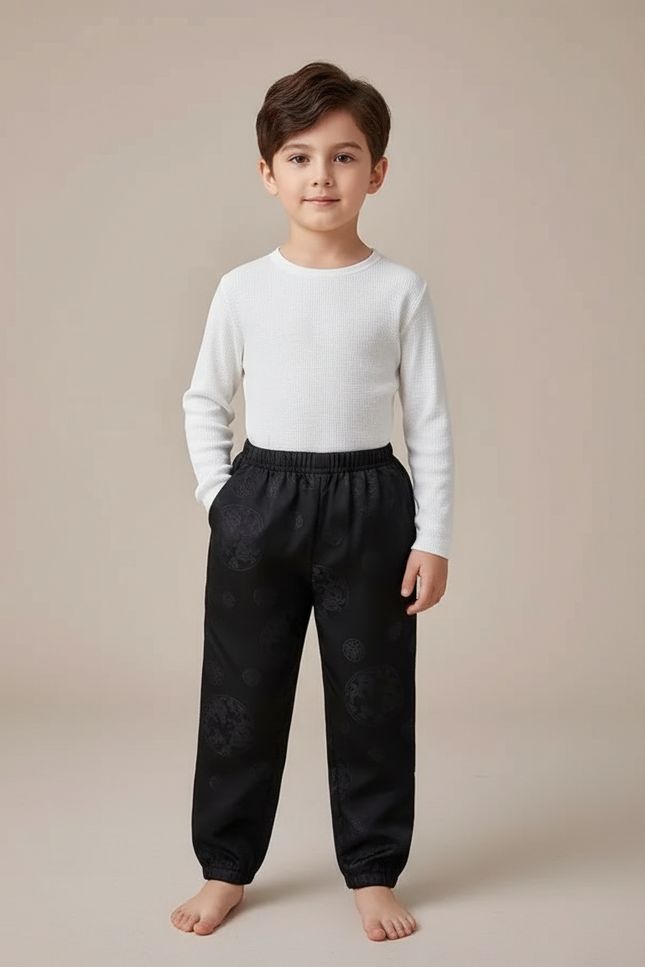 Pantalon Chinois Noir Jacquard Ample Traditionnel Enfant - Satin