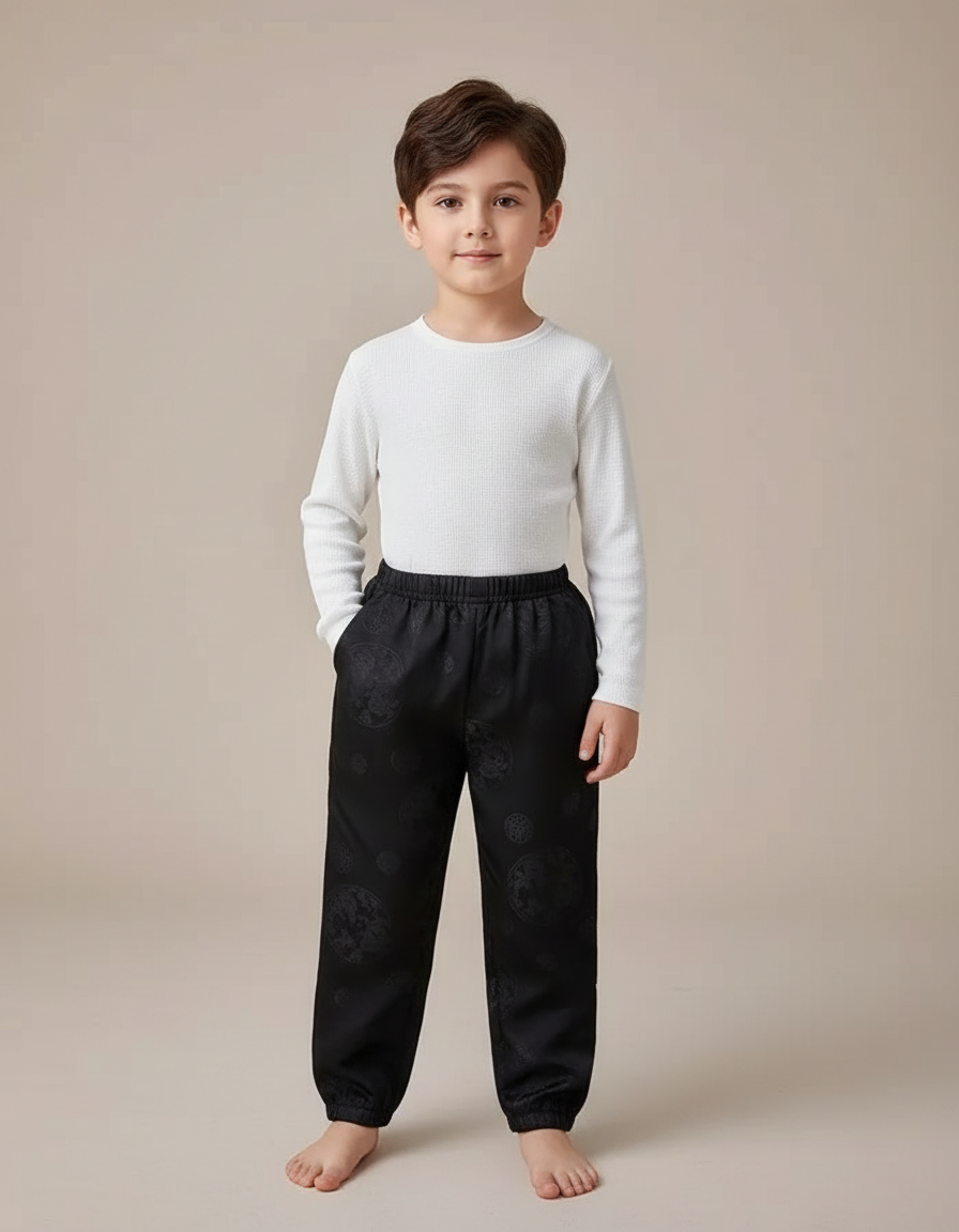 Pantalon Chinois Noir Jacquard Ample Traditionnel Enfant - Satin