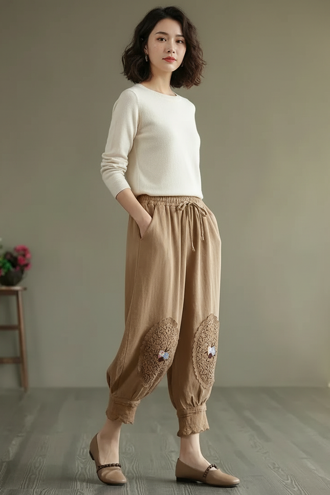 Pantalon Chinois Harem Coton Lin Brodé Ethnique - Camel