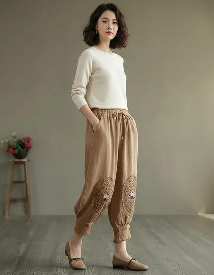 Pantalon Chinois Harem Coton Lin Brodé Ethnique - Camel