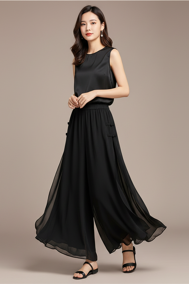 Pantalon Chinois Noir Fluide Ample Élégant Femme - Soie
