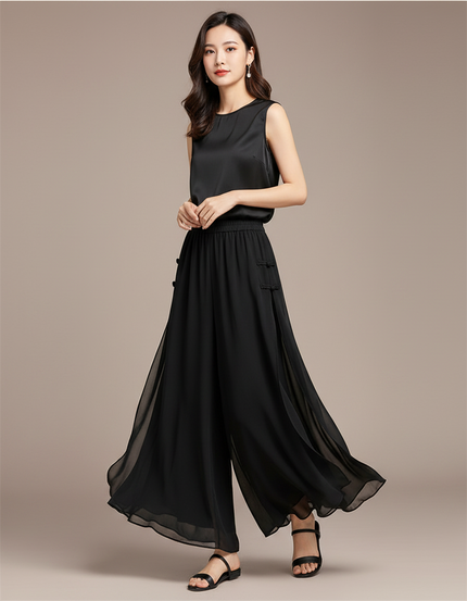 Pantalon Chinois Noir Fluide Ample Élégant Femme - Soie