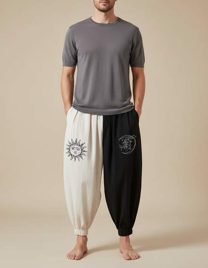 Pantalon Chinois Bicolore Ample Coton Soleil Lune - Multicolore