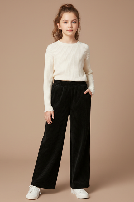 Pantalon Chinois Fille Noir Ample - Cordé