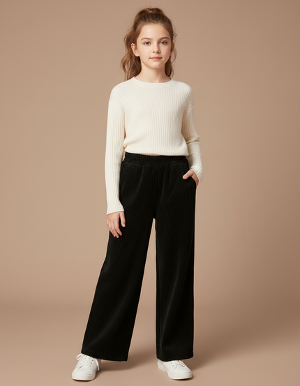 Pantalon Chinois Fille Noir Ample - Cordé