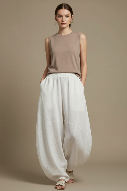 Pantalon Chinois Blanc Ample Lin Fluide Vintage