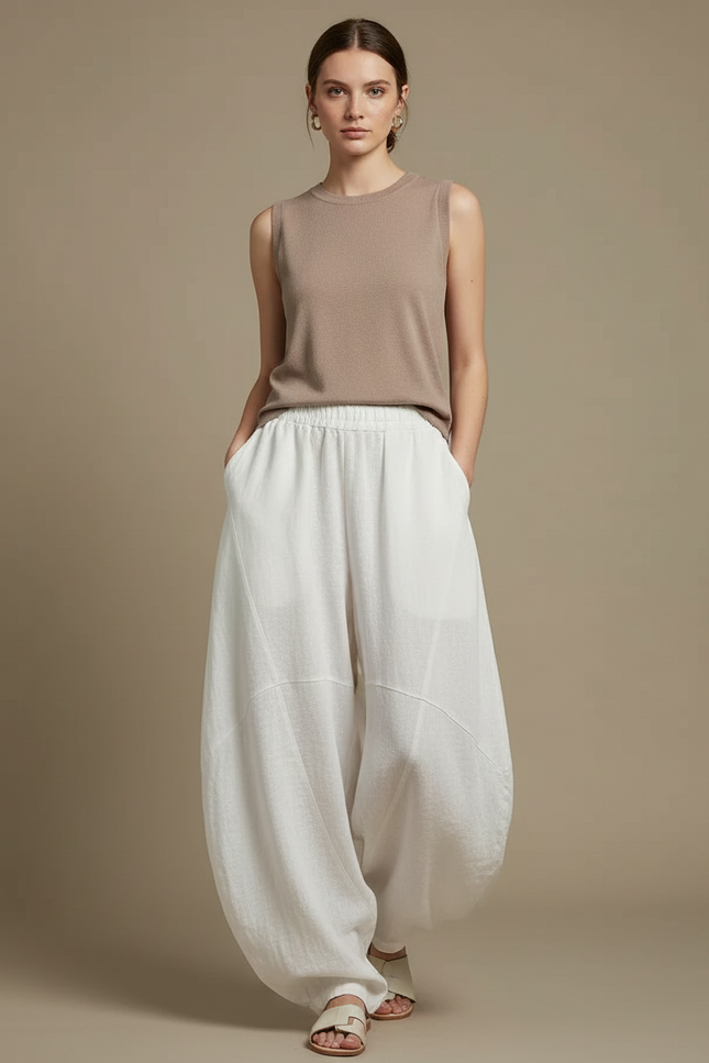 Pantalon Chinois Blanc Ample Lin Fluide Vintage