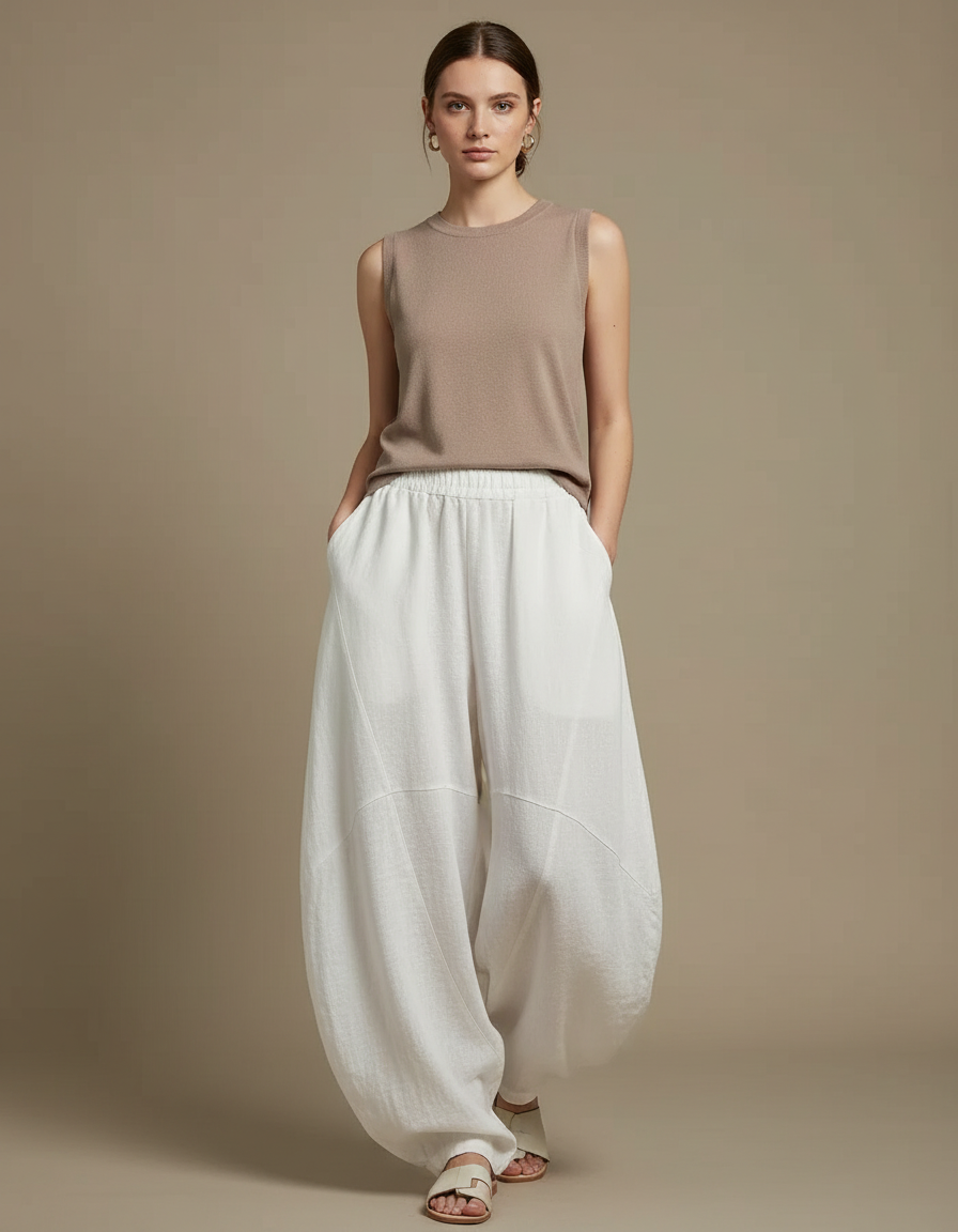 Pantalon Chinois Blanc Ample Lin Fluide Vintage