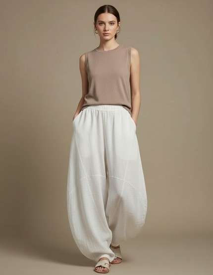 Pantalon Chinois Blanc Ample Lin Fluide Vintage