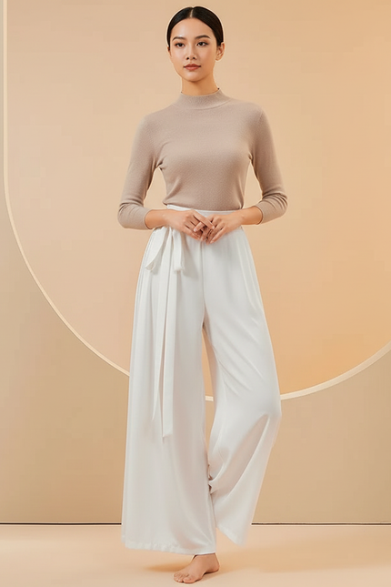 Pantalon Chinois Blanc Fluide Ample Ceinturé Élégant - Polyester