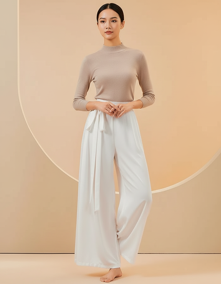 Pantalon Chinois Blanc Fluide Ample Ceinturé Élégant - Polyester