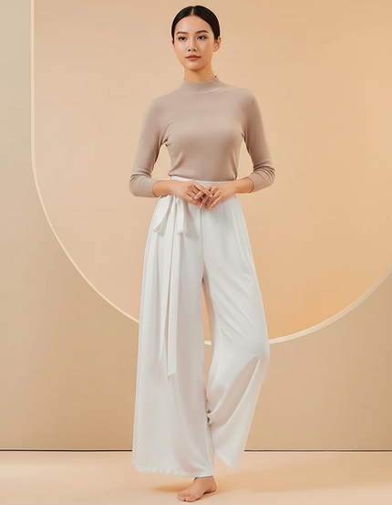 Pantalon Chinois Blanc Fluide Ample Ceinturé Élégant - Polyester