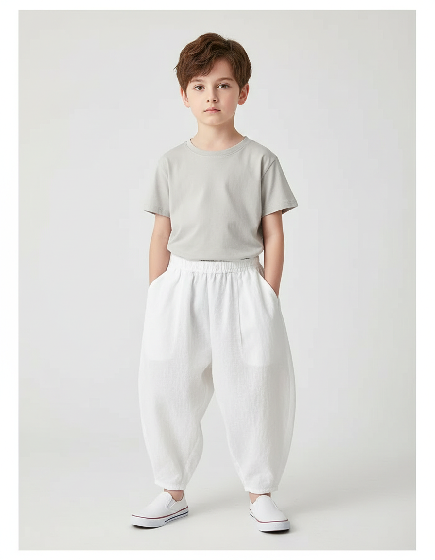 Pantalon Chinois Blanc Ample Lin Décontracté Enfant