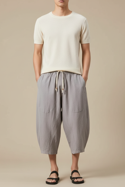 Pantalon Chinois Lin Coton Ample Harem Gris Homme