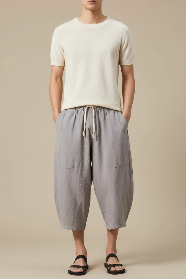 Pantalon Chinois Lin Coton Ample Harem Gris Homme