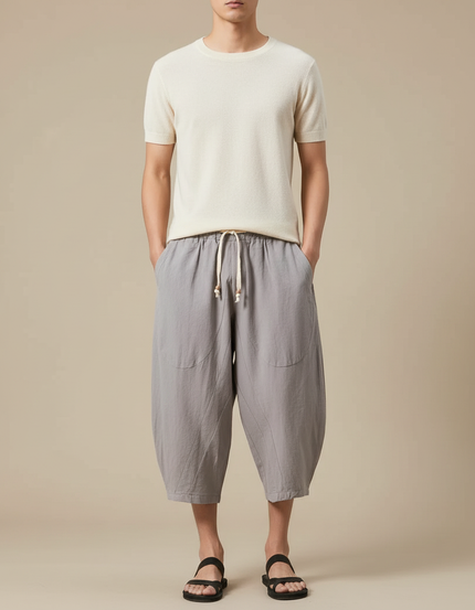 Pantalon Chinois Lin Coton Ample Harem Gris Homme