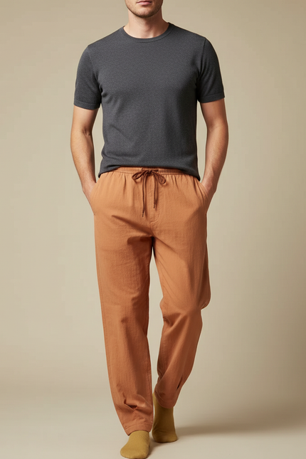 Pantalon Chinois Marron Ample Décontracté Homme Coton