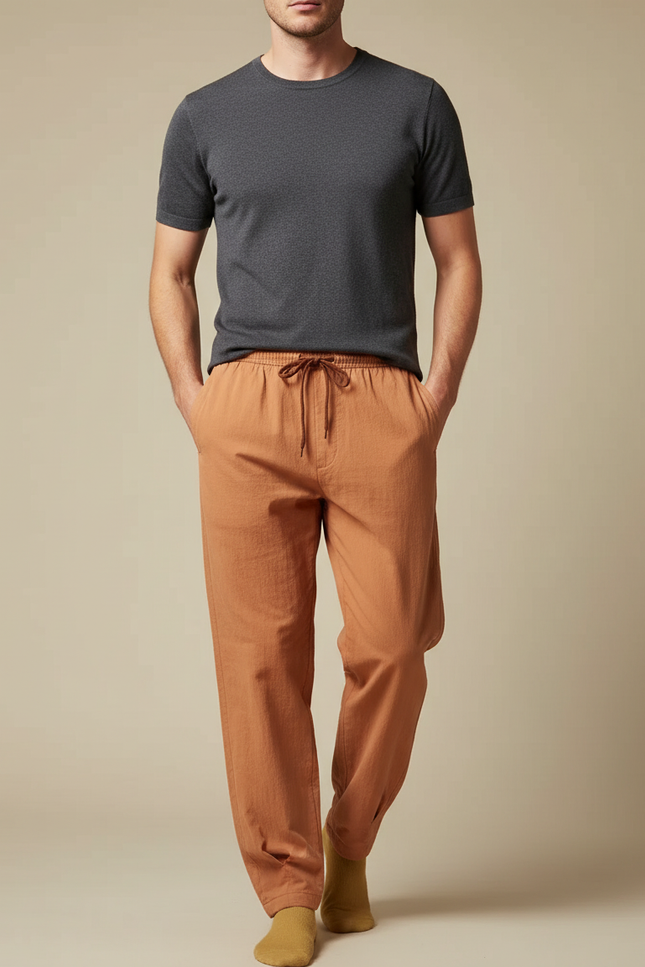 Pantalon Chinois Marron Ample Décontracté Homme Coton