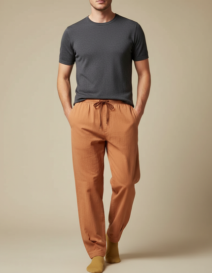 Pantalon Chinois Marron Ample Décontracté Homme Coton