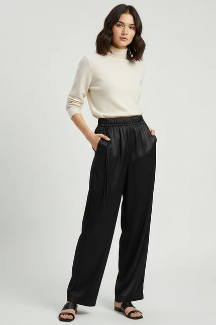 Pantalon Chinois Noir Satin Fluide Ample Femme