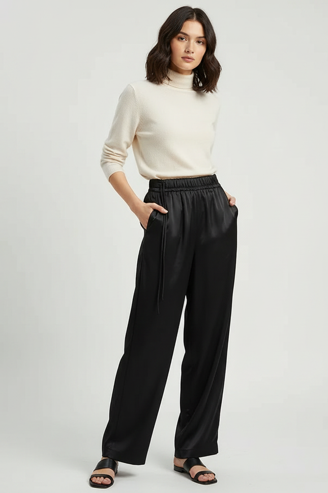Pantalon Chinois Noir Satin Fluide Ample Femme