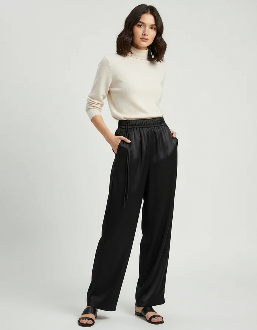 Pantalon Chinois Noir Satin Fluide Ample Femme