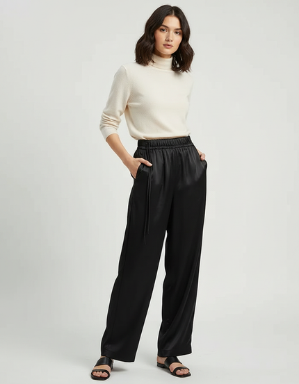 Pantalon Chinois Noir Satin Fluide Ample Femme