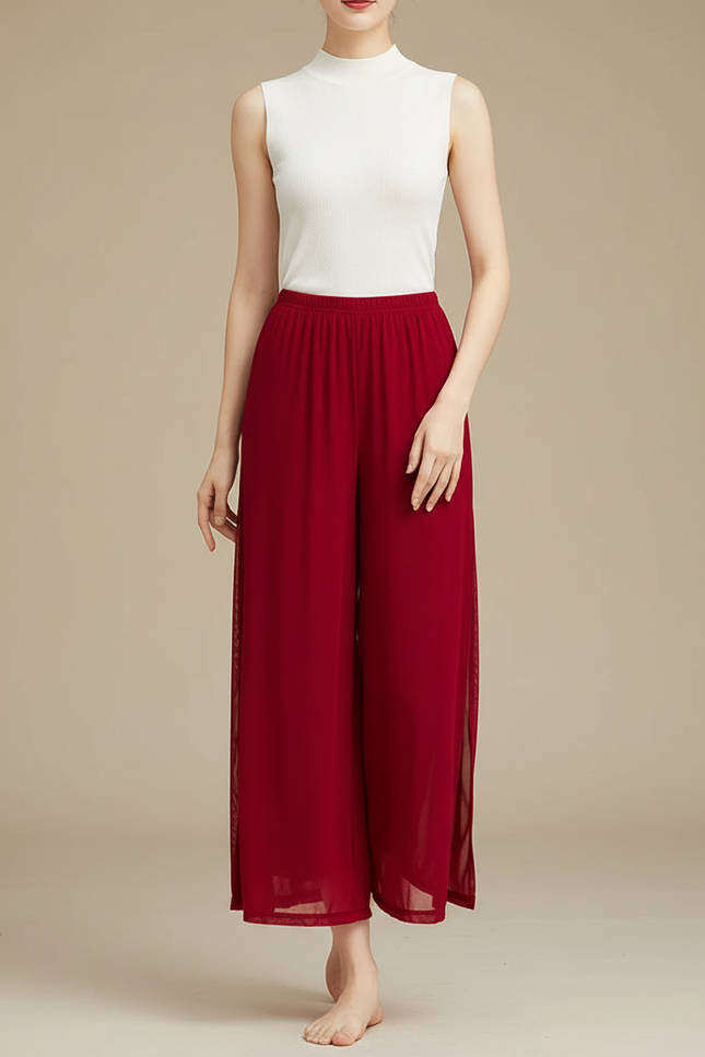 Pantalon Chinois Rouge Maille Fluide Ample Fendu