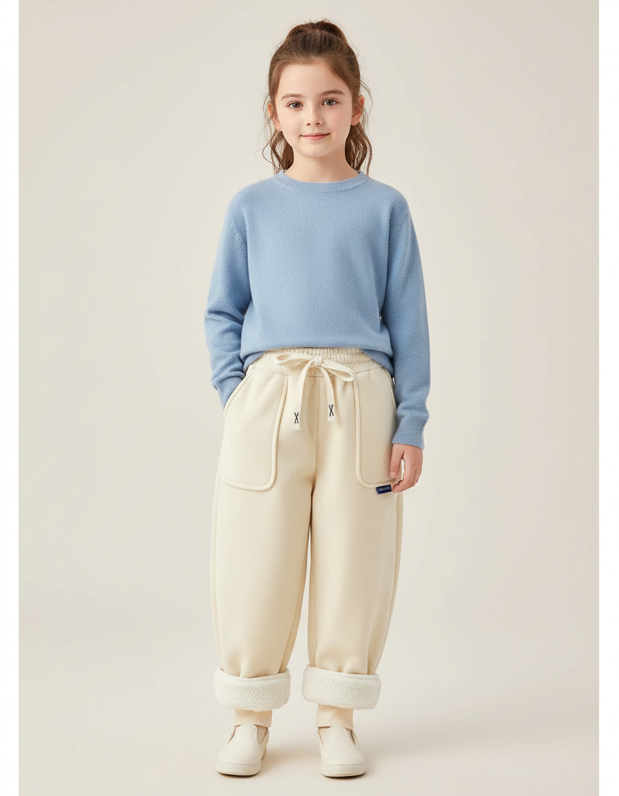 Pantalon Chinois Crème Molletonné Ample Hiver Enfant - Beige