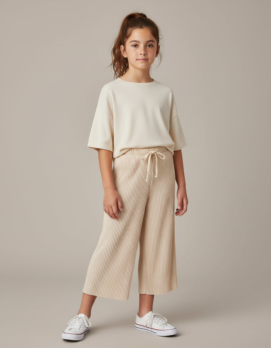 Pantalon Chinois Beige Côtelé Ample Décontracté Enfant - Maille