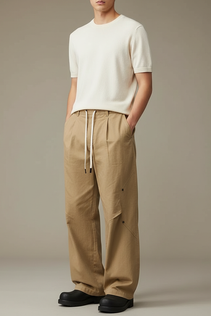 Pantalon Chinois Cargo Ample Cordon Beige Homme Décontracté - Toile