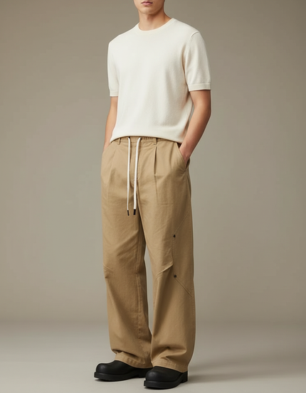 Pantalon Chinois Cargo Ample Cordon Beige Homme Décontracté - Toile