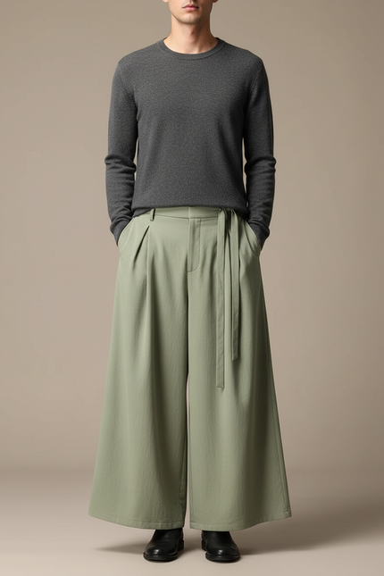 Pantalon Chinois Ample Vert Plissé Ceinture Décontracté - Polyester