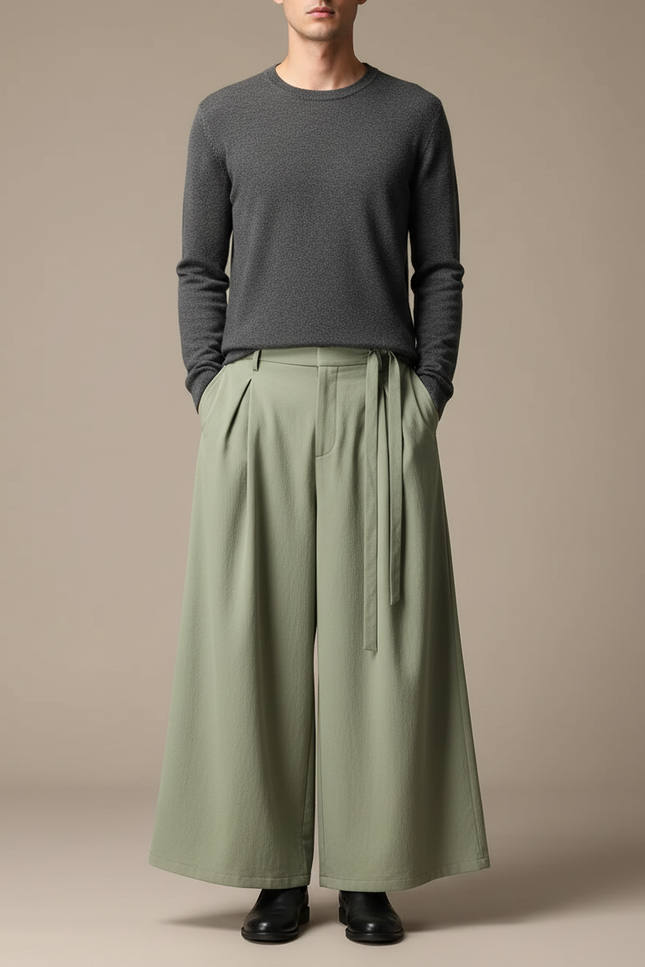 Pantalon Chinois Ample Vert Plissé Ceinture Décontracté - Polyester