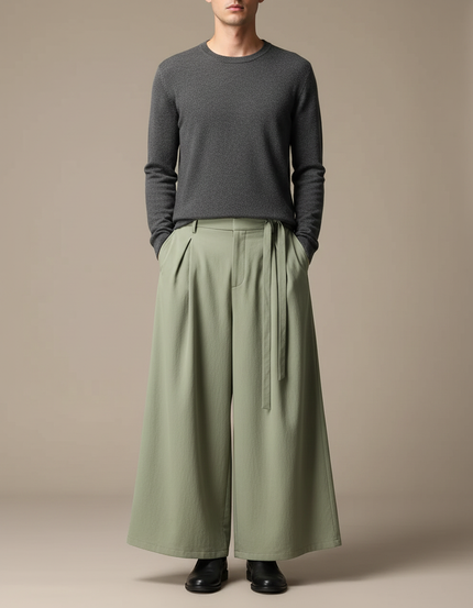 Pantalon Chinois Ample Vert Plissé Ceinture Décontracté - Polyester
