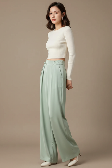 Pantalon Chinois Vert Menthe Fluide Ample Élégant - Satin