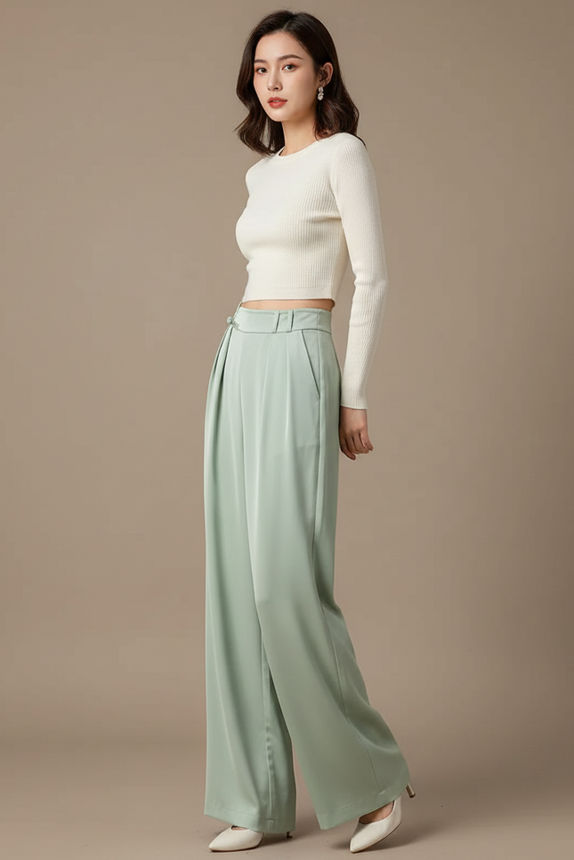 Pantalon Chinois Vert Menthe Fluide Ample Élégant - Satin