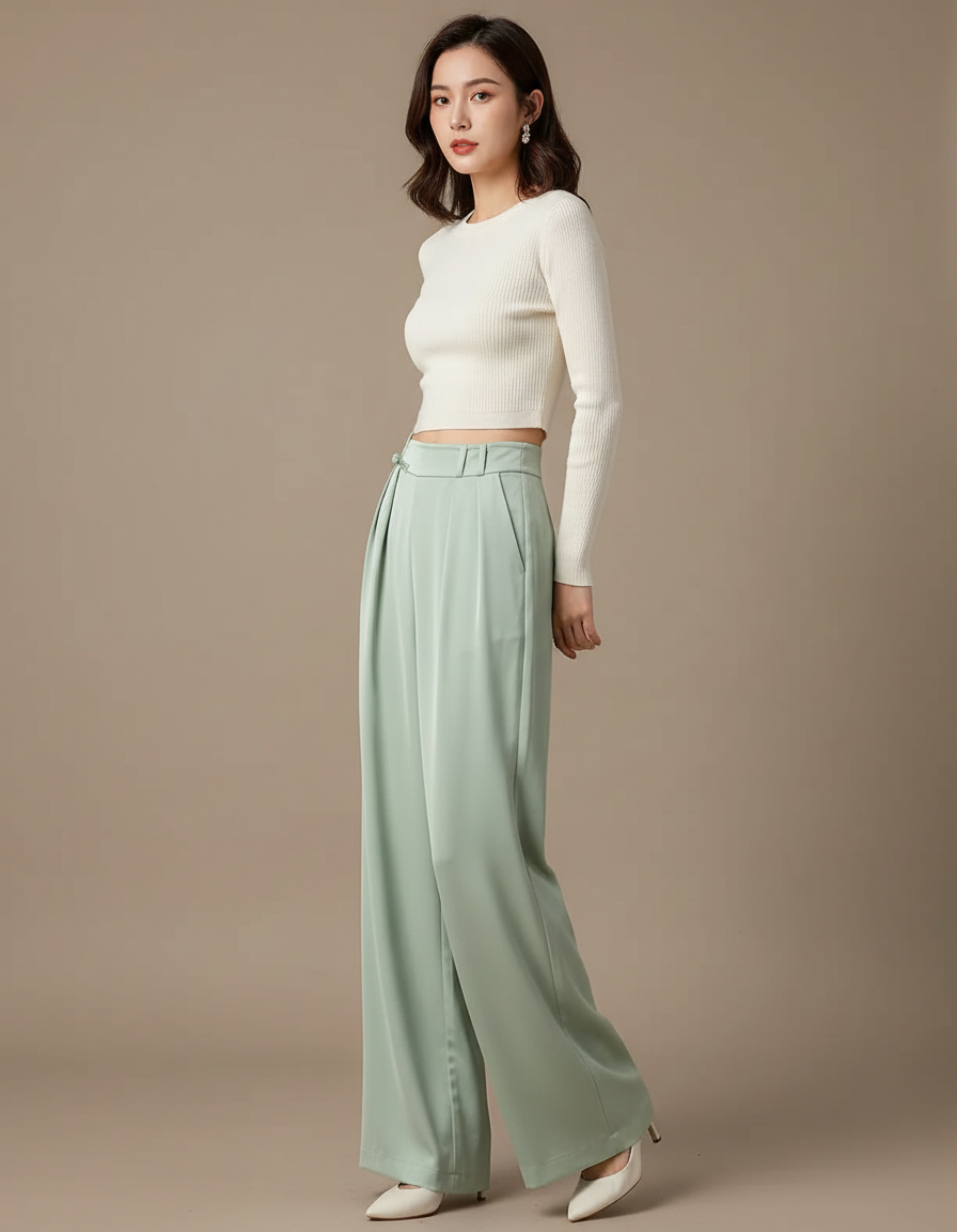 Pantalon Chinois Vert Menthe Fluide Ample Élégant - Satin