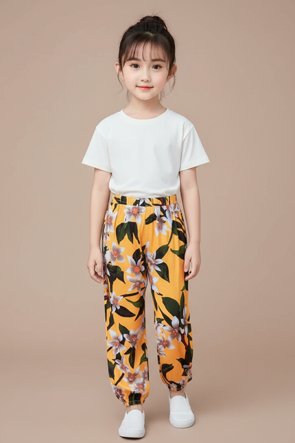 Pantalon Chinois Jaune Floral Fluide Enfant - Viscose