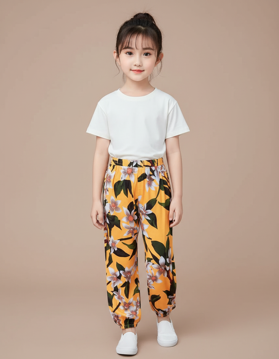 Pantalon Chinois Jaune Floral Fluide Enfant - Viscose