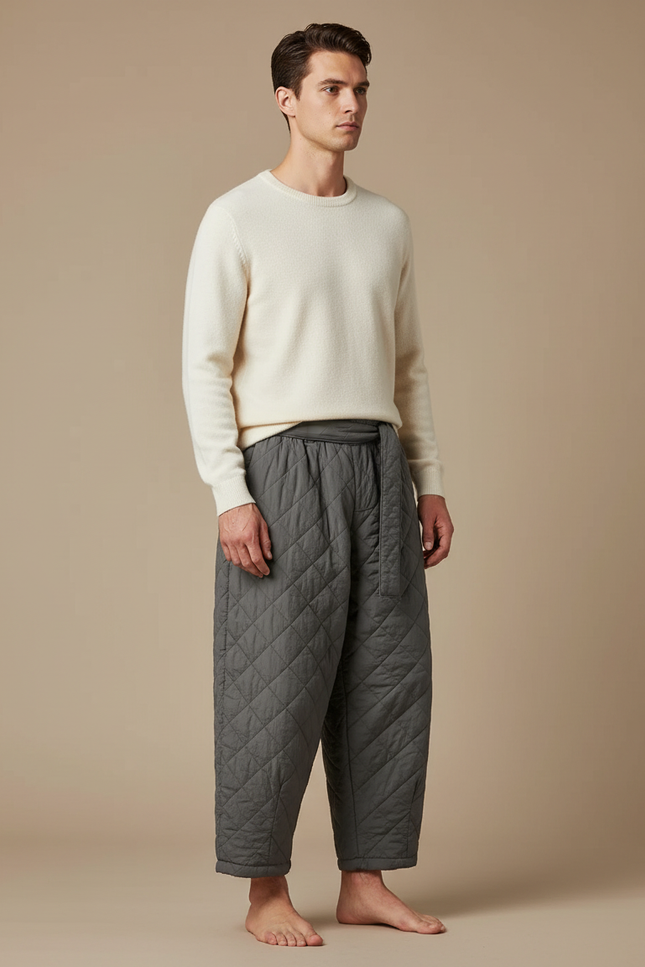 Pantalon Chinois Matelassé Large Gris Hiver Cordon - Polyester