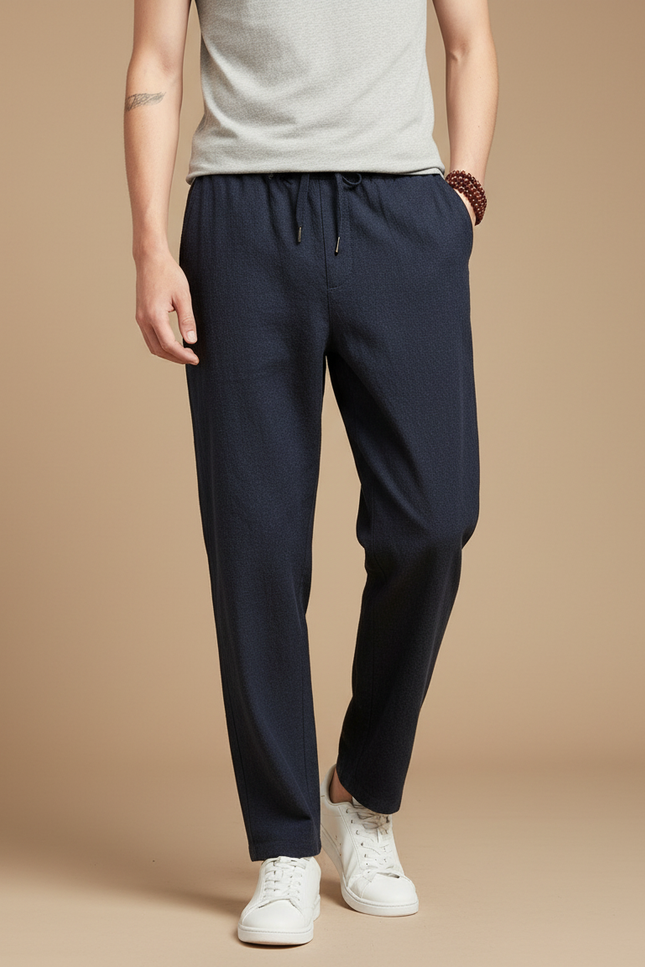 Pantalon Chinois Bleu Marine Ample Coton Lin
