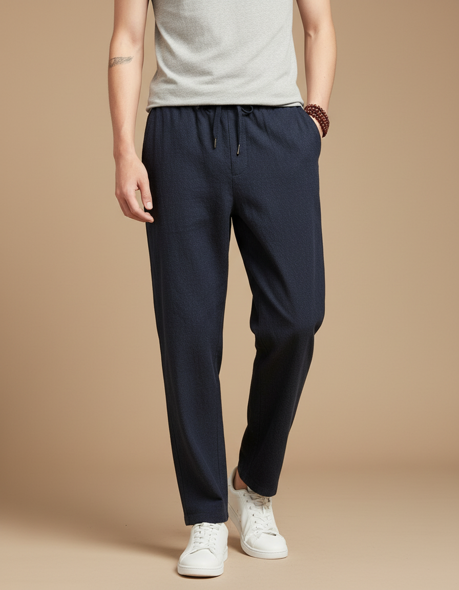 Pantalon Chinois Bleu Marine Ample Coton Lin