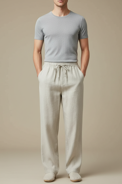 Pantalon Chinois Lin Beige Ample Cordon Homme