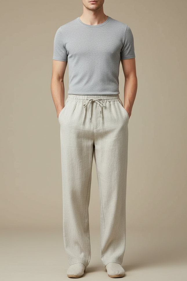 Pantalon Chinois Lin Beige Ample Cordon Homme