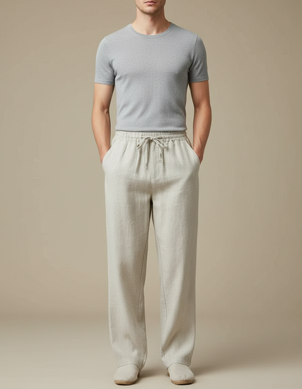 Pantalon Chinois Lin Beige Ample Cordon Homme