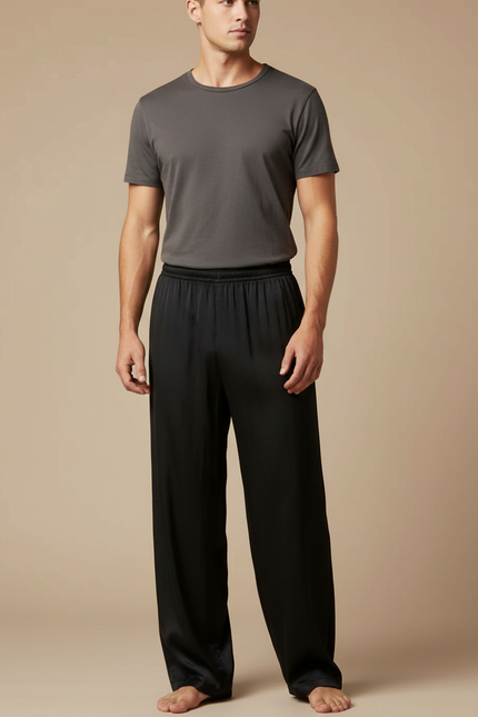 Pantalon Chinois Noir Satiné Ample Élastiqué Homme