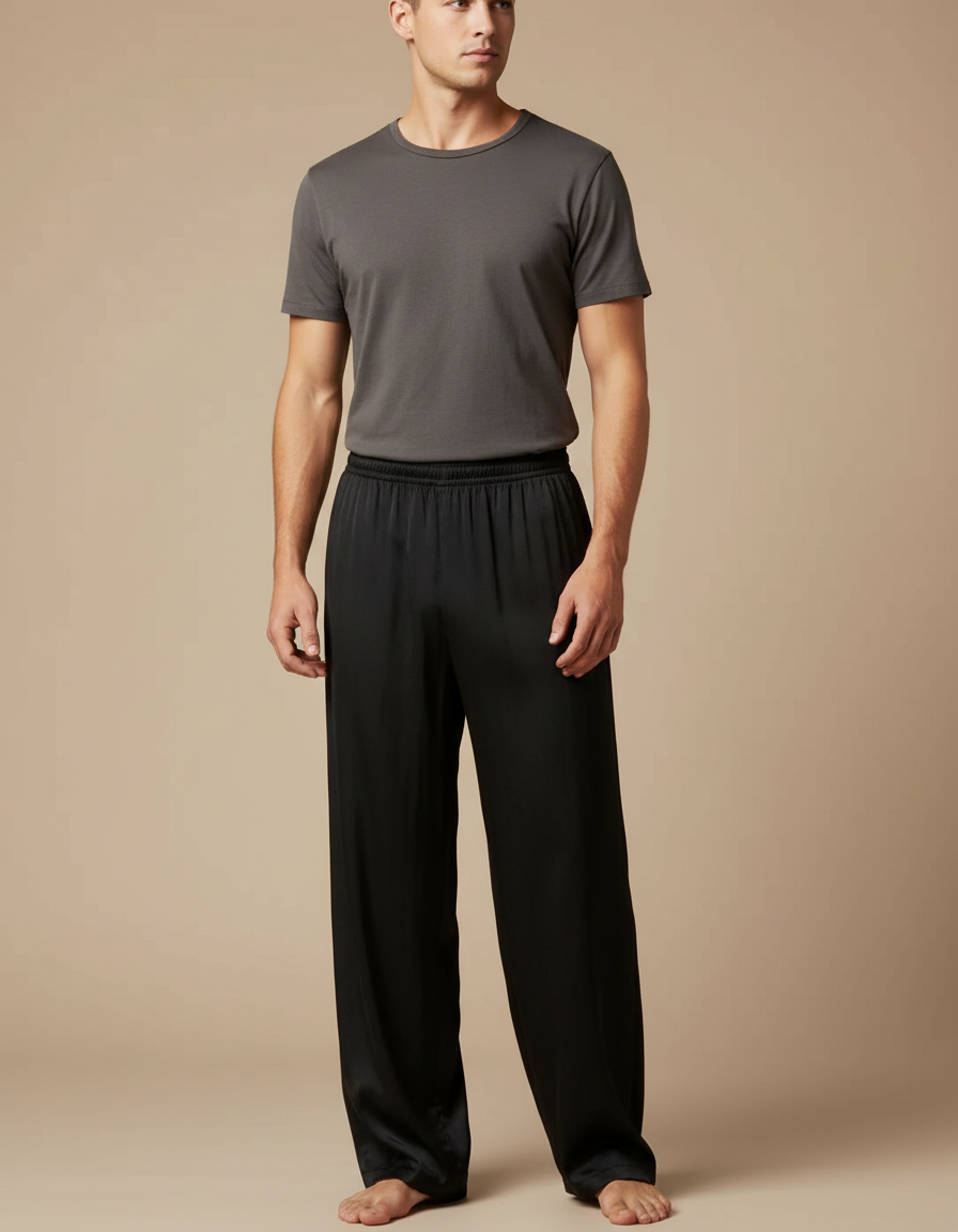Pantalon Chinois Noir Satiné Ample Élastiqué Homme